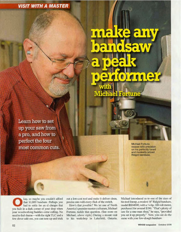 The photograph on a magazine page shows a bearded man as he carefully guides a piece of wood through the blade of a bandsaw.