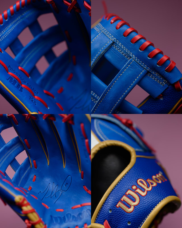 A quadriptych of a blue baseball glove in front of a pink background.