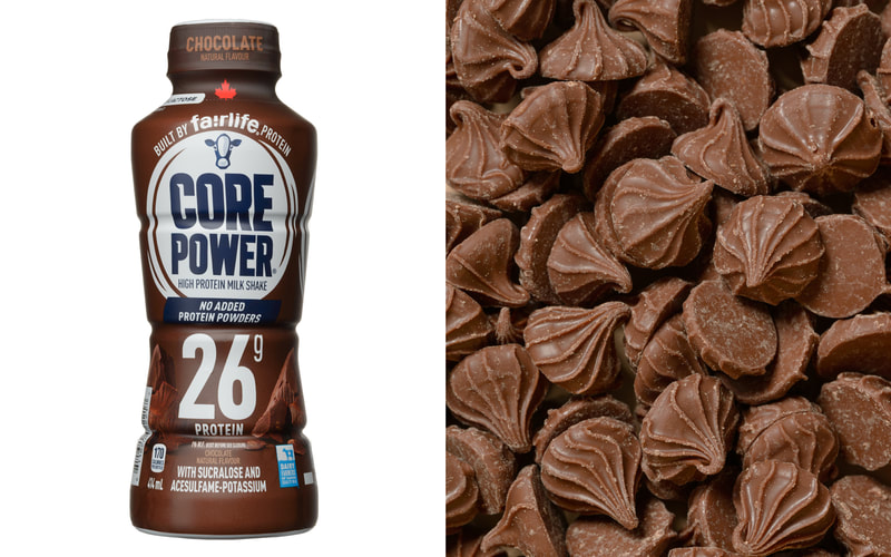 A pair of images. On the left is a single bottle of Core Power chocolate protein drink, and on the right is a closeup image of a pile of chocolate rosebuds.