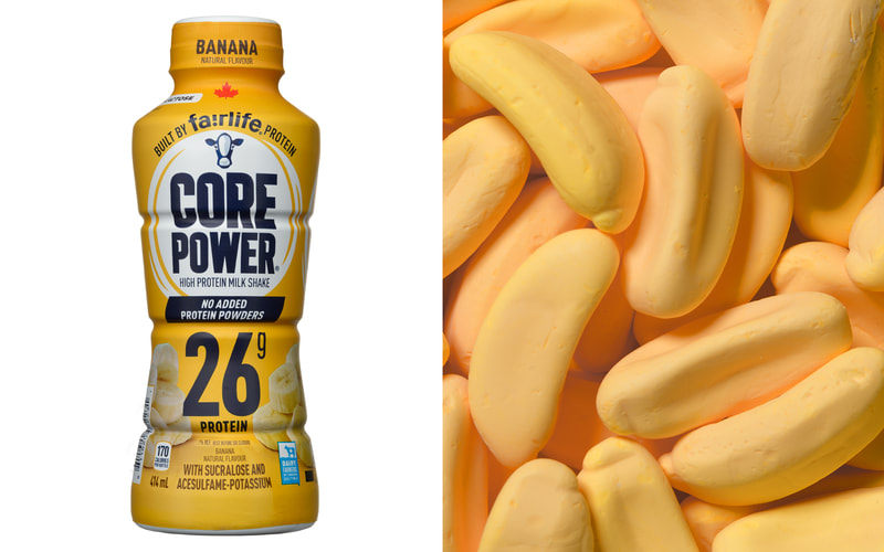 A pair of images. On the left is a single bottle of banana flavoured Core Power drink and on the right is a pile of banana flavoured marshmallows.