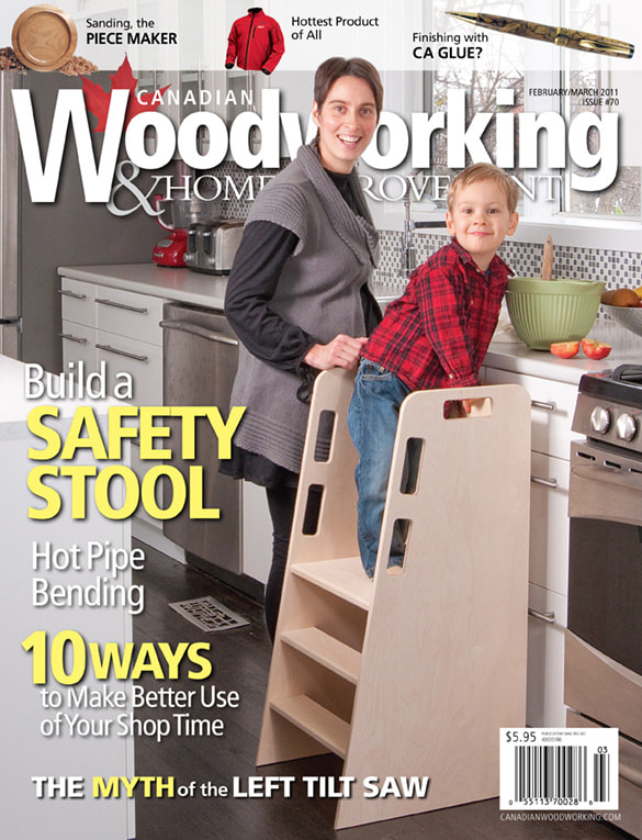 The magazine cover shows a mother and son in a kitchen. The son, about 4 years old, is atop a hand made wooden stair case.