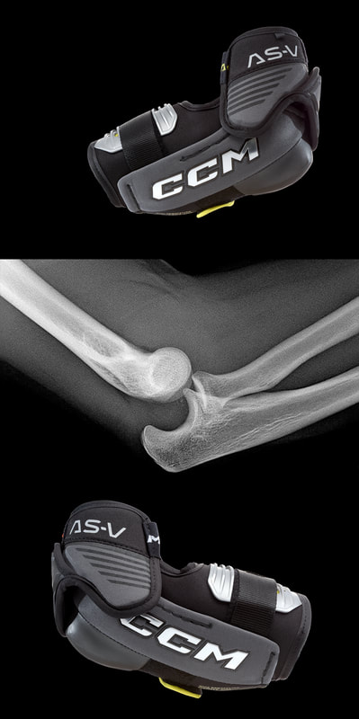 A set of 3 images in triptych showing 2 hockey elbow guards and an X-ray of a dislocated elbow joint. Photographed by Mike Taylor in his Peterborough Ontario Canada studio.