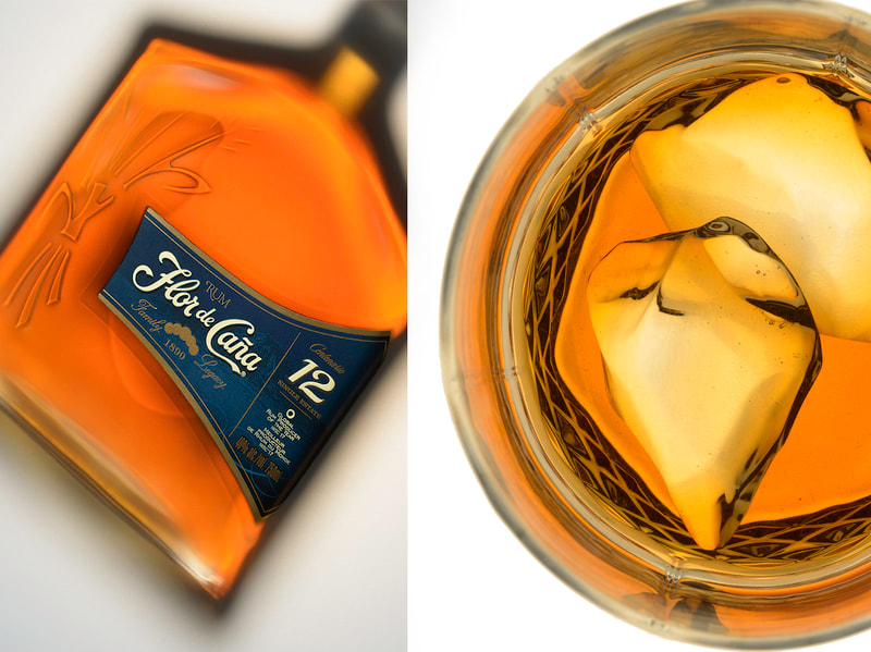 A pair of images that show a square shaped bottle of rum on the left and top view of a drink of rum on ice on the right