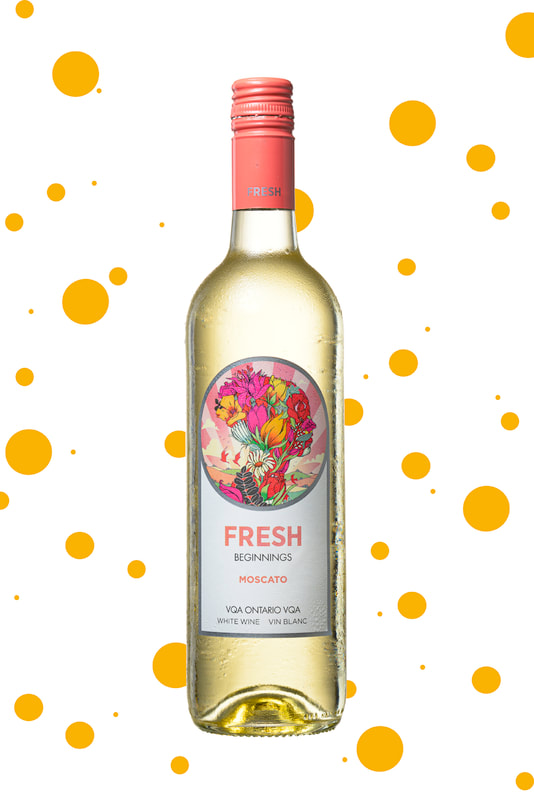 A bottle of white wine against a white background, is surrounded by circles of orange of various sizes.