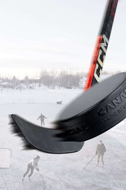 An image of a hockey stick hitting a puck. The image is overlaid above a backyard hockey rink.