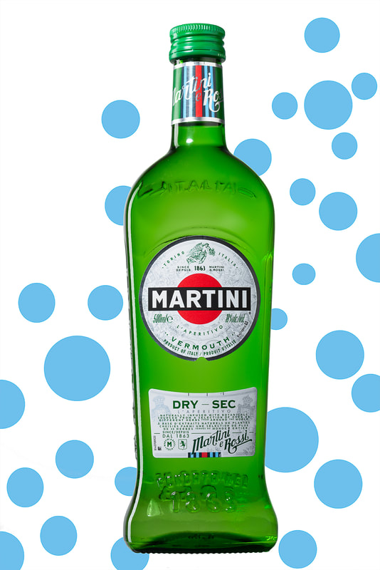 A bottle of Martini Vermouth stands against a white background, it is surrounded by simple blue circles.