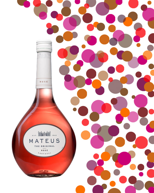 A bottle of Mateus wine sits in front of a white background, It is flanked by a series of multicoloured spots.