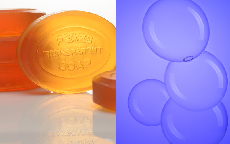 A pair of images. On the left is a stylized display of Pears soap. On the right is a purple scene of soap bubbles.