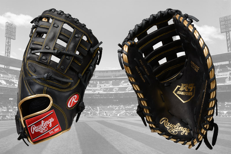 An image of the interior and exterior of a black and gold coloured baseball glove.