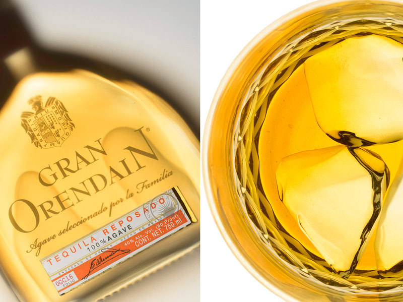 A pair of images that shot a bottle of amber toned tequila on the left and a top view of a gold toned drink in ice on the right.