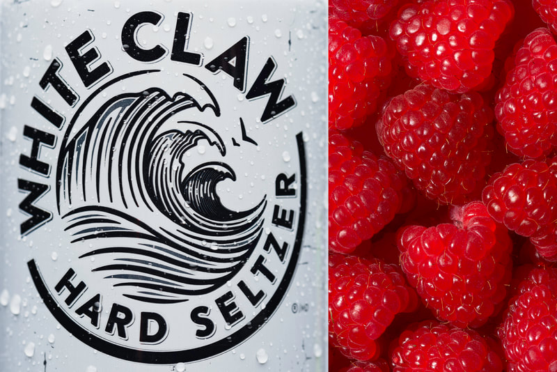 A diptych showing a close up of a can of Whiteclaw seltzer and on the right a selection of fresh raspberries on a white surface.